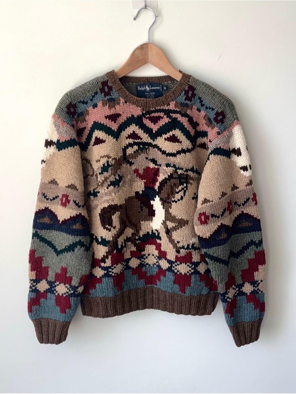 Vintage Polo Ralph Lauren Cowboy Sweater Size S 100% Wool Hand Knit Western